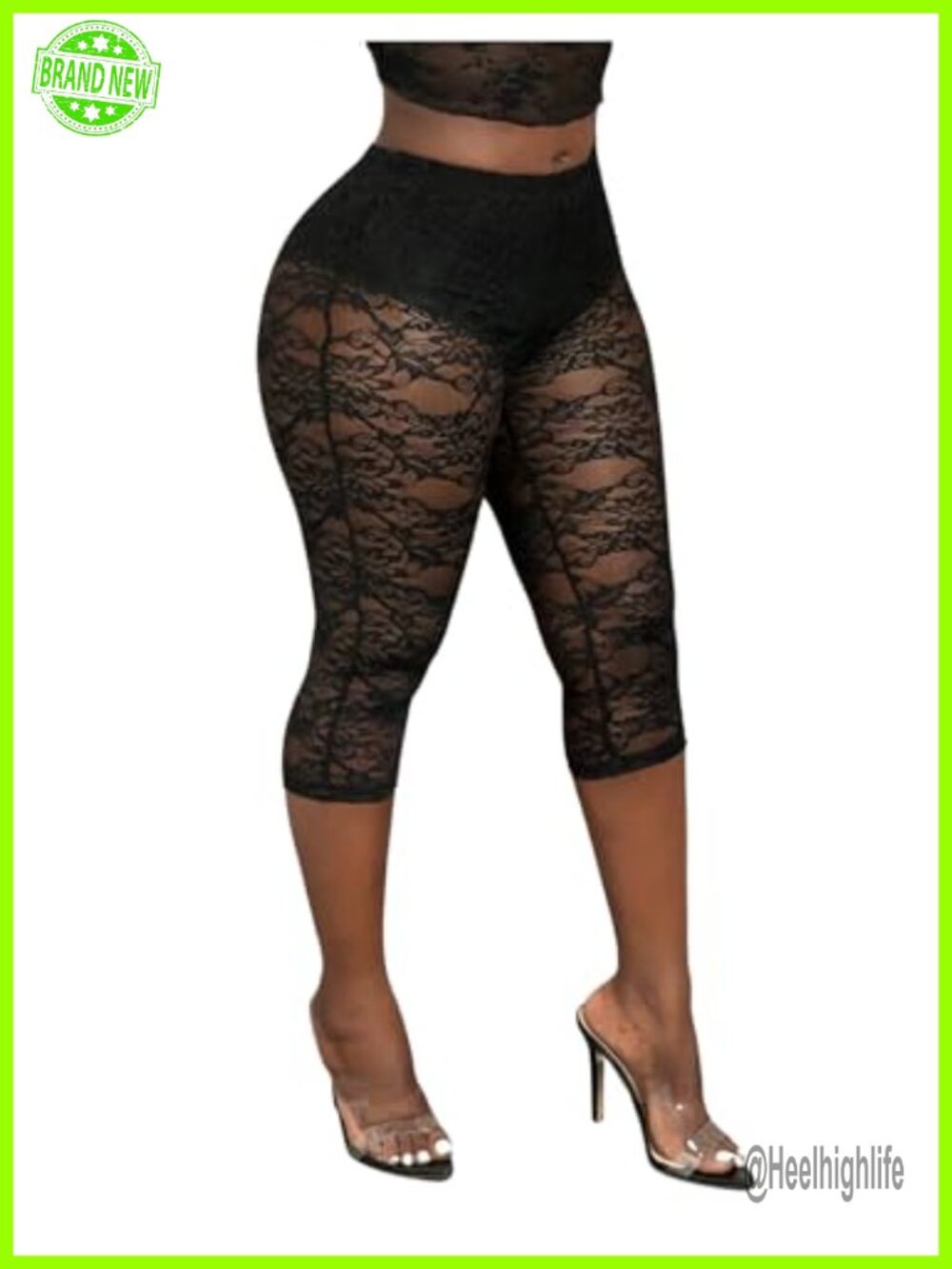 Lace Trim Capri Leggings High Waist See Through Cropped Pants